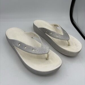 Crocs Shoes Sandals Womens Size 9 Silver Classic Platform Glitter Flip Flop